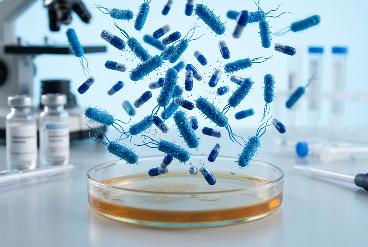 Resistant rod-shaped bacteria surrounded by antibiotic capsules with a magnified cracking bacterium callout