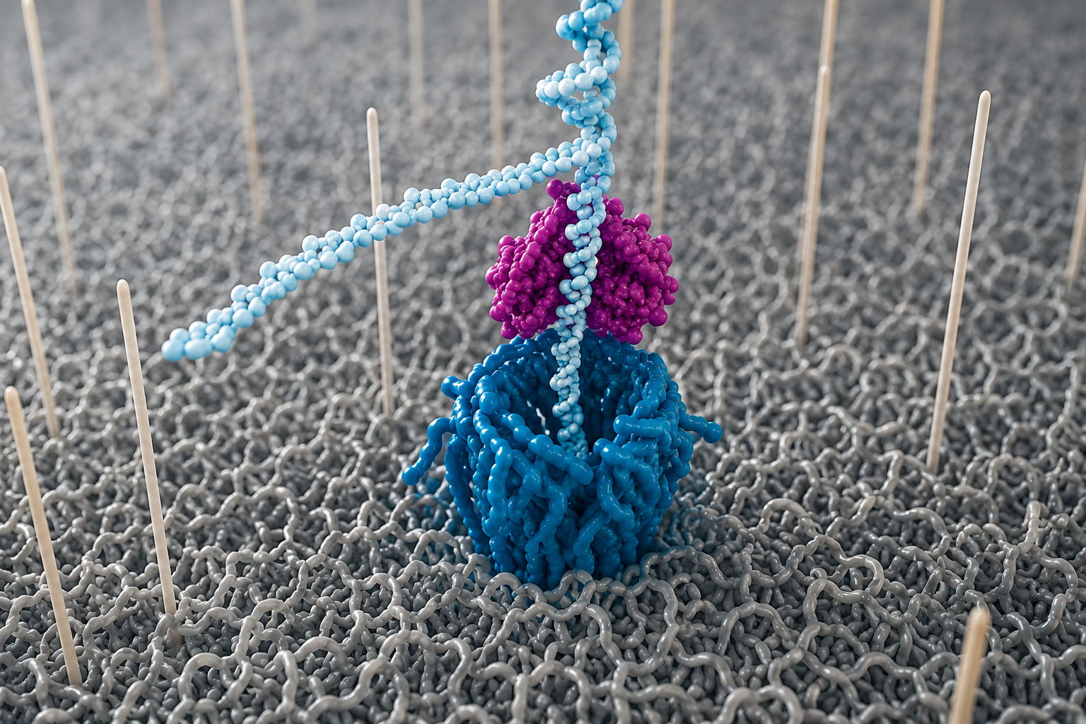 Glowing DNA helix descending into a nanopore protein in a cell membrane