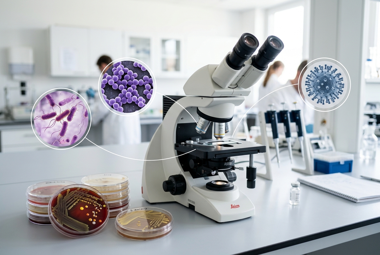Laboratory microscope with petri dishes showing bacterial colonies and pathogen callouts