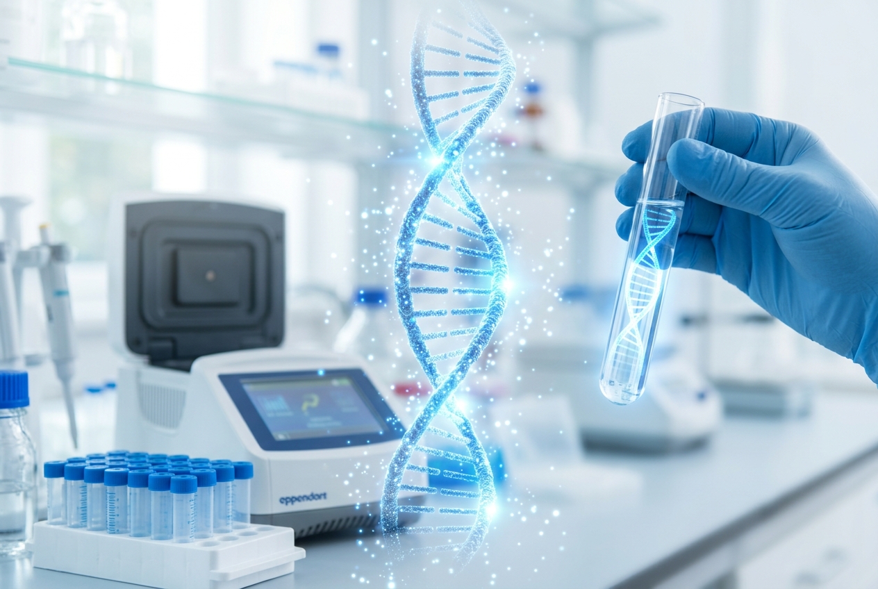 Glowing DNA double helix with a gloved hand holding a test tube containing a DNA graphic