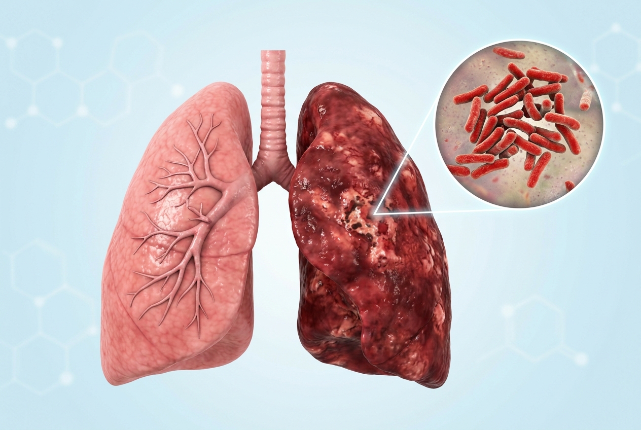 Healthy versus tuberculosis-infected lung with magnified Mycobacterium tuberculosis bacteria