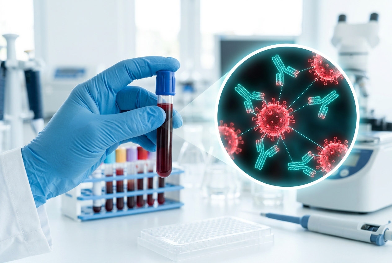 Gloved hand holding a serology blood tube with a magnified antibody and virus callout